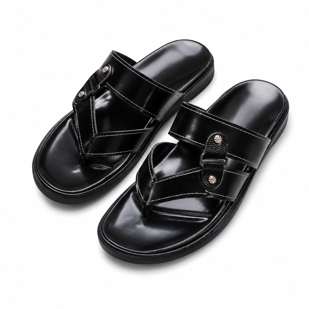Mens Black Native Leather Slippers